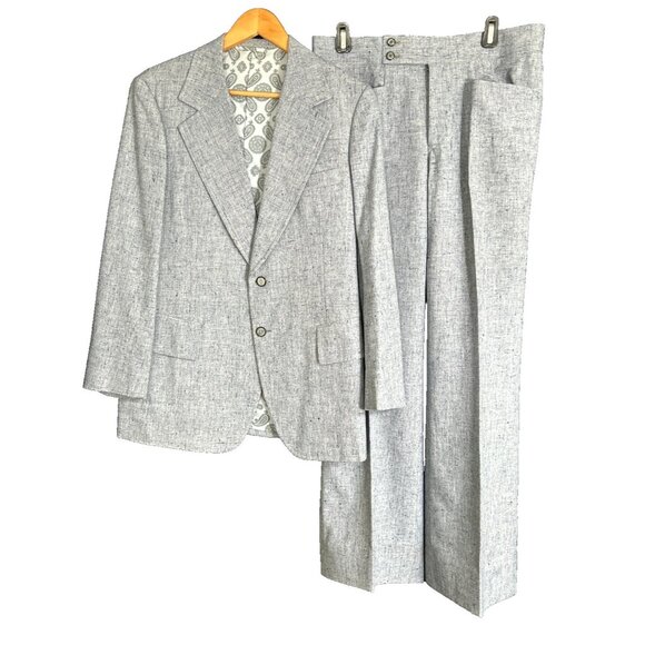 Vintage 70s Blue Tweed Leisure Suit Poly 2 Pc Blazer Matching Flare Pants 31